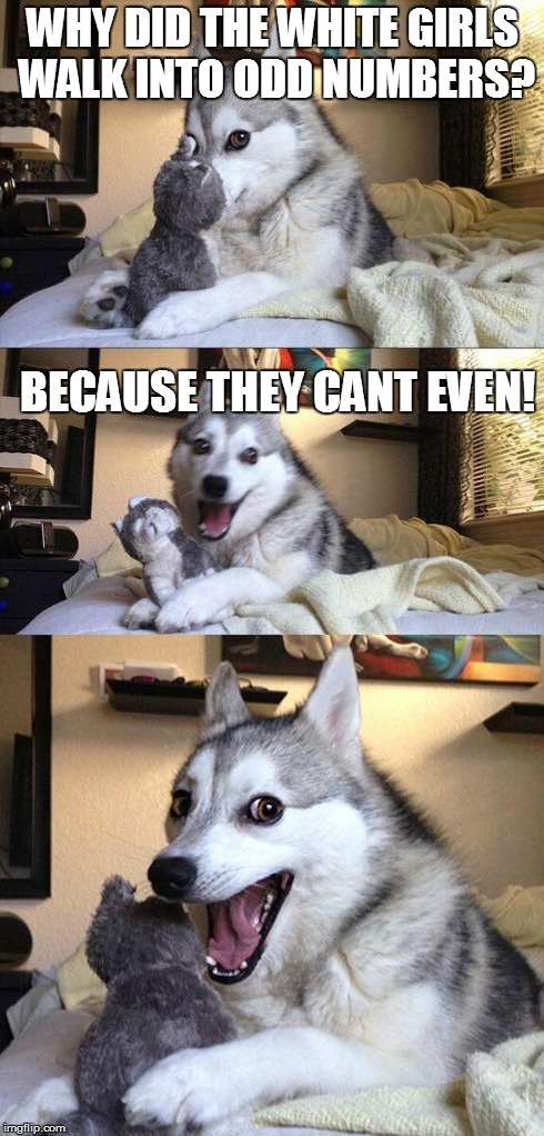 Bad Pun Dog Meme | WHY DID THE WHITE GIRLS WALK INTO ODD NUMBERS? BECAUSE THEY CANT EVEN! | image tagged in memes,bad pun dog | made w/ Imgflip meme maker