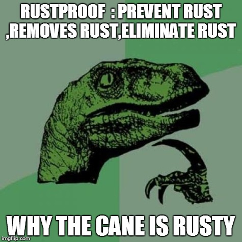 Philosoraptor | RUSTPROOF  : PREVENT RUST ,REMOVES RUST,ELIMINATE RUST WHY THE CANE IS RUSTY | image tagged in memes,philosoraptor | made w/ Imgflip meme maker