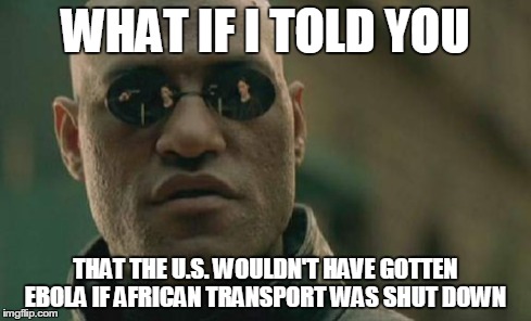 Matrix Morpheus Meme | WHAT IF I TOLD YOU THAT THE U.S. WOULDN'T HAVE GOTTEN EBOLA IF AFRICAN TRANSPORT WAS SHUT DOWN | image tagged in memes,matrix morpheus | made w/ Imgflip meme maker
