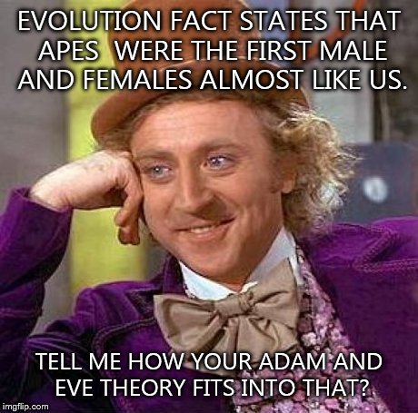 Creepy Condescending Wonka Meme | EVOLUTION FACT STATES THAT APES  WERE THE FIRST MALE AND FEMALES ALMOST LIKE US. TELL ME HOW YOUR ADAM AND EVE THEORY FITS INTO THAT? | image tagged in memes,creepy condescending wonka | made w/ Imgflip meme maker