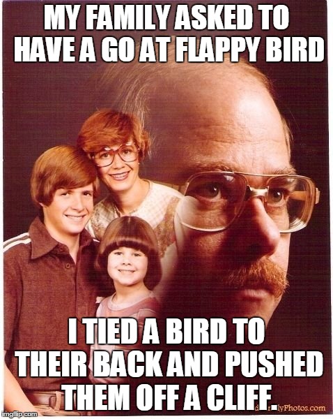 Vengeance Dad Meme | MY FAMILY ASKED TO HAVE A GO AT FLAPPY BIRD I TIED A BIRD TO THEIR BACK AND PUSHED THEM OFF A CLIFF. | image tagged in memes,vengeance dad | made w/ Imgflip meme maker