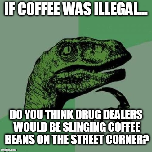 Philosoraptor Meme | IF COFFEE WAS ILLEGAL... DO YOU THINK DRUG DEALERS WOULD BE SLINGING COFFEE BEANS ON THE STREET CORNER? | image tagged in memes,philosoraptor | made w/ Imgflip meme maker