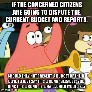 No Patrick | IF THE CONCERNED CITIZENS ARE GOING TO DISPUTE THE CURRENT BUDGET AND REPORTS. SHOULD THEY NOT PRESENT  A BUDGET OF THEIR OWN. TO JUST SAY I | image tagged in memes,no patrick | made w/ Imgflip meme maker