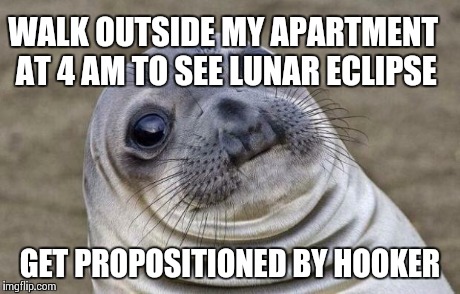 Awkward Moment Sealion Meme | WALK OUTSIDE MY APARTMENT AT 4 AM TO SEE LUNAR ECLIPSE GET PROPOSITIONED BY HOOKER | image tagged in memes,awkward moment sealion,AdviceAnimals | made w/ Imgflip meme maker