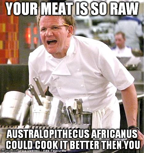 Chef Gordon Ramsay | YOUR MEAT IS SO RAW AUSTRALOPITHECUS AFRICANUS COULD COOK IT BETTER THEN YOU | image tagged in memes,chef gordon ramsay | made w/ Imgflip meme maker