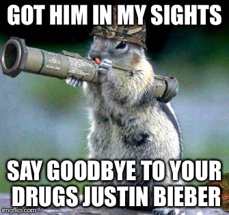 Bazooka Squirrel | GOT HIM IN MY SIGHTS SAY GOODBYE TO YOUR DRUGS JUSTIN BIEBER | image tagged in memes,bazooka squirrel | made w/ Imgflip meme maker