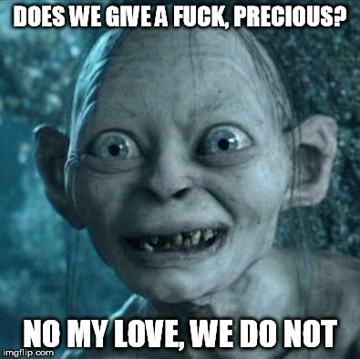 Gollum | DOES WE GIVE A F**K, PRECIOUS? NO MY LOVE, WE DO NOT | image tagged in memes,gollum | made w/ Imgflip meme maker