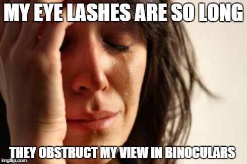 First World Problems | MY EYE LASHES ARE SO LONG THEY OBSTRUCT MY VIEW IN BINOCULARS | image tagged in memes,first world problems | made w/ Imgflip meme maker