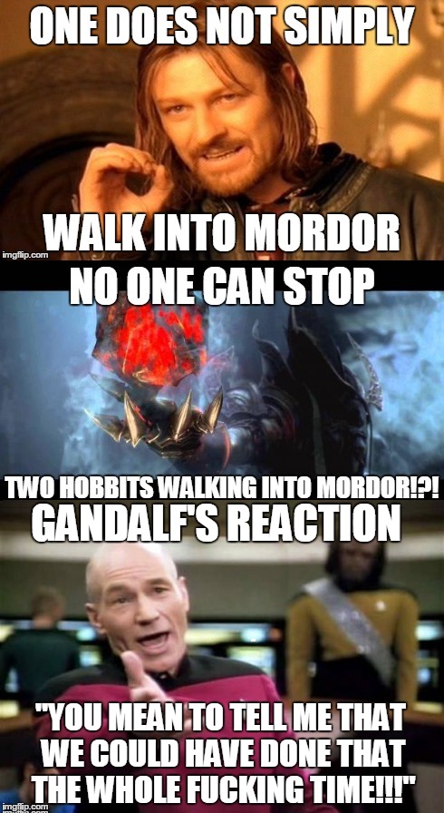 One thing about LOTR  | GANDALF'S REACTION "YOU MEAN TO TELL ME THAT WE COULD HAVE DONE THAT THE WHOLE F**KING TIME!!!" | image tagged in wtf piccad | made w/ Imgflip meme maker