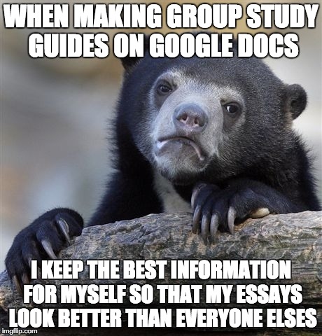 Confession Bear Meme | WHEN MAKING GROUP STUDY GUIDES ON GOOGLE DOCS I KEEP THE BEST INFORMATION FOR MYSELF SO THAT MY ESSAYS LOOK BETTER THAN EVERYONE ELSES | image tagged in memes,confession bear | made w/ Imgflip meme maker