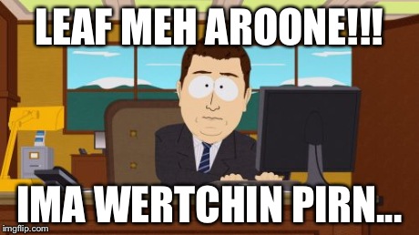 Aaaaand Its Gone | LEAF MEH AROONE!!! IMA WERTCHIN PIRN... | image tagged in memes,aaaaand its gone | made w/ Imgflip meme maker