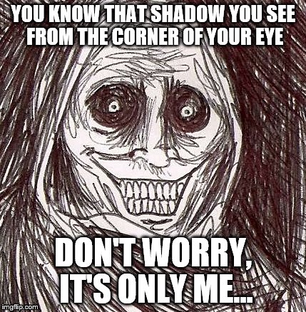 Unwanted House Guest Meme | YOU KNOW THAT SHADOW YOU SEE FROM THE CORNER OF YOUR EYE DON'T WORRY, IT'S ONLY ME... | image tagged in memes,unwanted house guest | made w/ Imgflip meme maker