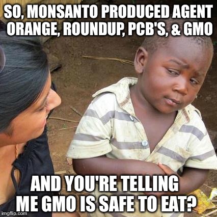 Third World Skeptical Kid | SO, MONSANTO PRODUCED AGENT ORANGE, ROUNDUP, PCB'S, & GMO AND YOU'RE TELLING ME GMO IS SAFE TO EAT? | image tagged in memes,third world skeptical kid | made w/ Imgflip meme maker