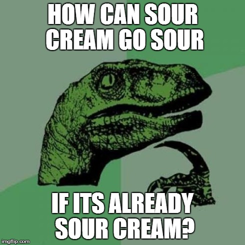 Sour Raptor | HOW CAN SOUR CREAM GO SOUR IF ITS ALREADY SOUR CREAM? | image tagged in memes,philosoraptor | made w/ Imgflip meme maker