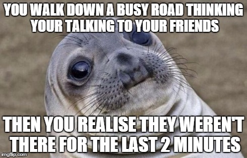 Awkward Moment Sealion | YOU WALK DOWN A BUSY ROAD THINKING YOUR TALKING TO YOUR FRIENDS THEN YOU REALISE THEY WEREN'T THERE FOR THE LAST 2 MINUTES | image tagged in memes,awkward moment sealion | made w/ Imgflip meme maker