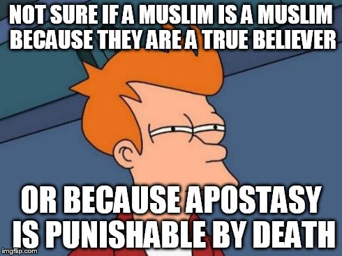 This question enters my mind every time I meet a Muslim. | NOT SURE IF A MUSLIM IS A MUSLIM BECAUSE THEY ARE A TRUE BELIEVER OR BECAUSE APOSTASY IS PUNISHABLE BY DEATH | image tagged in memes,futurama fry | made w/ Imgflip meme maker