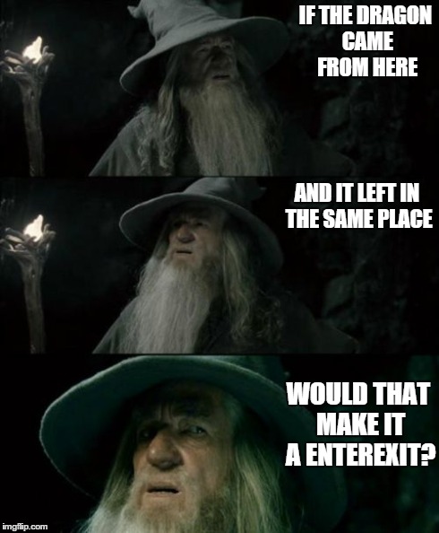 Confused Gandalf Meme | IF THE DRAGON CAME FROM HERE AND IT LEFT IN THE SAME PLACE WOULD THAT MAKE IT A ENTEREXIT? | image tagged in memes,confused gandalf | made w/ Imgflip meme maker