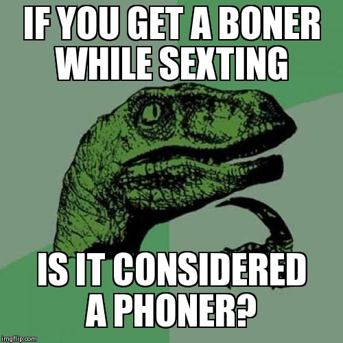 Philosoraptor Meme | IF YOU GET A BONER WHILE SEXTING IS IT CONSIDERED A PHONER? | image tagged in memes,philosoraptor | made w/ Imgflip meme maker