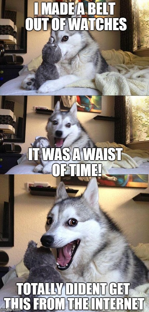 Bad Pun Dog | I MADE A BELT OUT OF WATCHES IT WAS A WAIST OF TIME! TOTALLY DIDENT GET THIS FROM THE INTERNET | image tagged in memes,bad pun dog | made w/ Imgflip meme maker