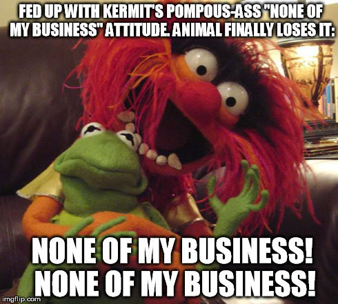 Animal dishes out a little "None Of My Business" of his own... | FED UP WITH KERMIT'S POMPOUS-ASS "NONE OF MY BUSINESS" ATTITUDE. ANIMAL FINALLY LOSES IT: NONE OF MY BUSINESS! NONE OF MY BUSINESS! | image tagged in animal kermit | made w/ Imgflip meme maker