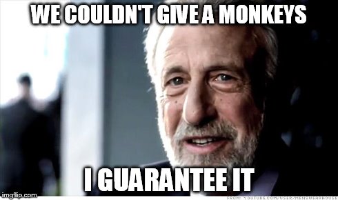 I Guarantee It Meme | WE COULDN'T GIVE A MONKEYS I GUARANTEE IT | image tagged in memes,i guarantee it | made w/ Imgflip meme maker