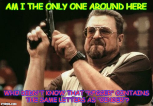 Am I The Only One Around Here Meme | AM I THE ONLY ONE AROUND HERE WHO DIDN'T KNOW THAT "N*GGER" CONTAINS THE SAME LETTERS AS "GINGER"? | image tagged in memes,am i the only one around here | made w/ Imgflip meme maker