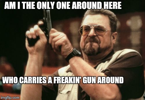 Am I The Only One Around Here Meme | AM I THE ONLY ONE AROUND HERE WHO CARRIES A FREAKIN' GUN AROUND | image tagged in memes,am i the only one around here | made w/ Imgflip meme maker