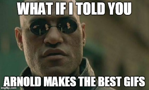 Matrix Morpheus Meme | WHAT IF I TOLD YOU ARNOLD MAKES THE BEST GIFS | image tagged in memes,matrix morpheus | made w/ Imgflip meme maker