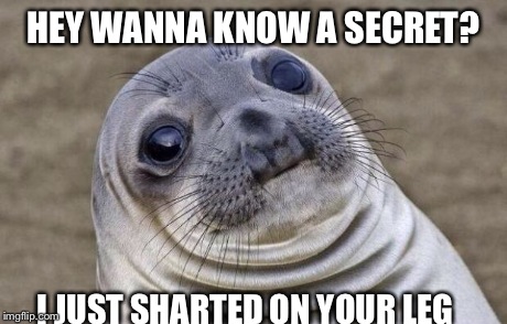 Awkward Moment Sealion Meme | HEY WANNA KNOW A SECRET? I JUST SHARTED ON YOUR LEG | image tagged in memes,awkward moment sealion | made w/ Imgflip meme maker