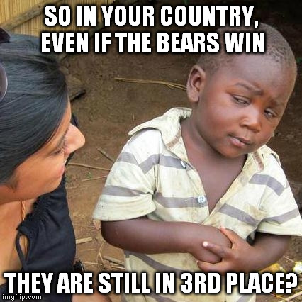 Third World Skeptical Kid | SO IN YOUR COUNTRY, EVEN IF THE BEARS WIN THEY ARE STILL IN 3RD PLACE? | image tagged in memes,third world skeptical kid | made w/ Imgflip meme maker