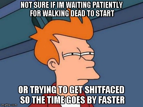Futurama Fry Meme | NOT SURE IF IM WAITING PATIENTLY FOR WALKING DEAD TO START OR TRYING TO GET SHITFACED SO THE TIME GOES BY FASTER | image tagged in memes,futurama fry | made w/ Imgflip meme maker