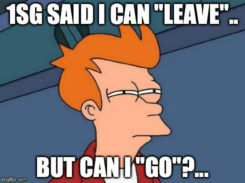 Futurama Fry | 1SG SAID I CAN "LEAVE".. BUT CAN I "GO"?... | image tagged in memes,futurama fry | made w/ Imgflip meme maker
