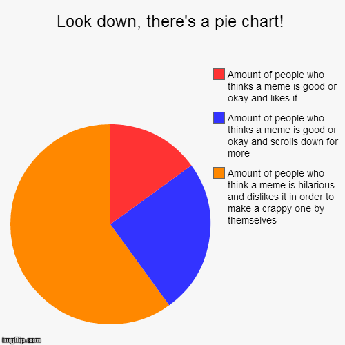 Look down, there's a pie chart! | Amount of people who think a meme is hilarious and dislikes it in order to make a crappy one by themselves | image tagged in funny,pie charts | made w/ Imgflip chart maker