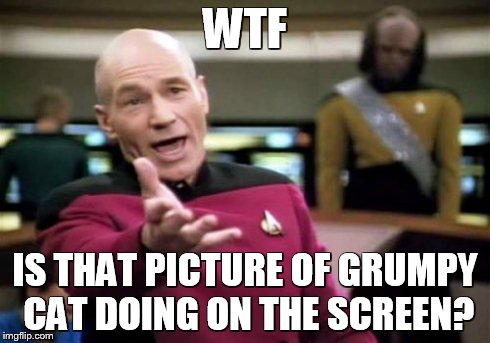 Picard Wtf | WTF IS THAT PICTURE OF GRUMPY CAT DOING ON THE SCREEN? | image tagged in memes,picard wtf | made w/ Imgflip meme maker