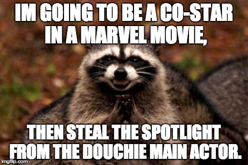 Evil Plotting Raccoon | IM GOING TO BE A CO-STAR IN A MARVEL MOVIE, THEN STEAL THE SPOTLIGHT FROM THE DOUCHIE MAIN ACTOR. | image tagged in memes,evil plotting raccoon | made w/ Imgflip meme maker