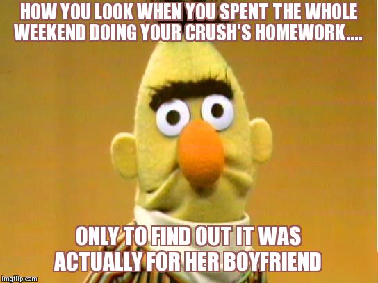 Used and Abused.... | HOW YOU LOOK WHEN YOU SPENT THE WHOLE WEEKEND DOING YOUR CRUSH'S HOMEWORK.... ONLY TO FIND OUT IT WAS ACTUALLY FOR HER BOYFRIEND | image tagged in memes,funny,sesame street | made w/ Imgflip meme maker