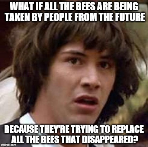 Conspiracy Keanu | WHAT IF ALL THE BEES ARE BEING TAKEN BY PEOPLE FROM THE FUTURE BECAUSE THEY'RE TRYING TO REPLACE ALL THE BEES THAT DISAPPEARED? | image tagged in memes,conspiracy keanu | made w/ Imgflip meme maker