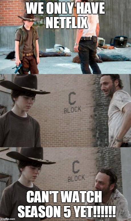 Rick and Carl 3 Meme | WE ONLY HAVE NETFLIX CAN'T WATCH  SEASON 5 YET!!!!!! | image tagged in memes,rick and carl 3 | made w/ Imgflip meme maker