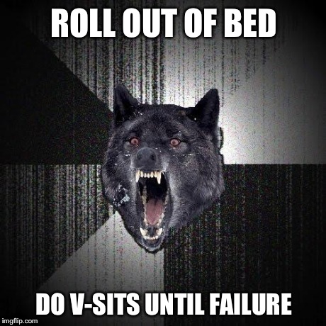 Insanity Wolf Meme | ROLL OUT OF BED DO V-SITS UNTIL FAILURE | image tagged in memes,insanity wolf | made w/ Imgflip meme maker