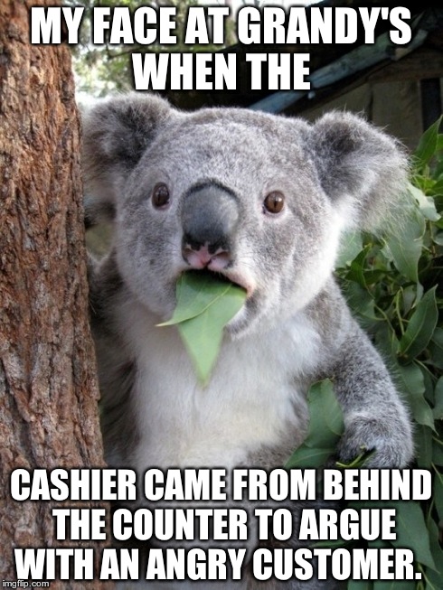 Surprised Koala | MY FACE AT GRANDY'S WHEN THE CASHIER CAME FROM BEHIND THE COUNTER TO ARGUE WITH AN ANGRY CUSTOMER. | image tagged in memes,surprised coala | made w/ Imgflip meme maker