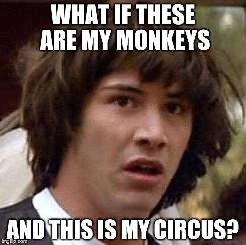 Conspiracy Keanu Meme | WHAT IF THESE ARE MY MONKEYS AND THIS IS MY CIRCUS? | image tagged in memes,conspiracy keanu | made w/ Imgflip meme maker