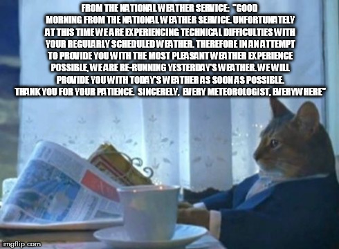 I Should Buy A Boat Cat | FROM THE NATIONAL WEATHER SERVICE:

"GOOD MORNING FROM THE NATIONAL WEATHER SERVICE. UNFORTUNATELY AT THIS TIME WE ARE EXPERIENCING TECHNICA | image tagged in memes,i should buy a boat cat | made w/ Imgflip meme maker
