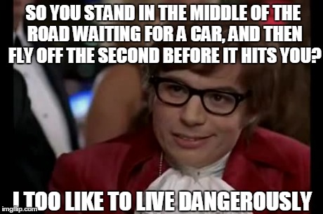 What birds must say to each other | SO YOU STAND IN THE MIDDLE OF THE ROAD WAITING FOR A CAR, AND THEN FLY OFF THE SECOND BEFORE IT HITS YOU? I TOO LIKE TO LIVE DANGEROUSLY | image tagged in memes,i too like to live dangerously | made w/ Imgflip meme maker