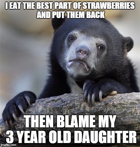Confession Bear Meme | I EAT THE BEST PART OF STRAWBERRIES AND PUT THEM BACK THEN BLAME MY 3 YEAR OLD DAUGHTER | image tagged in memes,confession bear | made w/ Imgflip meme maker