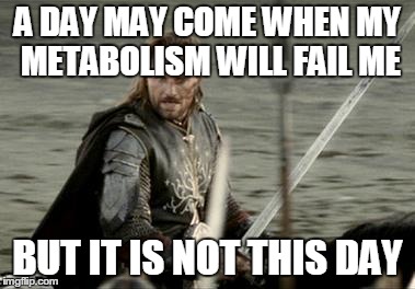 Aragorn | A DAY MAY COME WHEN MY METABOLISM WILL FAIL ME BUT IT IS NOT THIS DAY | image tagged in aragorn | made w/ Imgflip meme maker