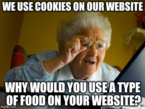 Grandma Finds The Internet | WE USE COOKIES ON OUR WEBSITE WHY WOULD YOU USE A TYPE OF FOOD ON YOUR WEBSITE? | image tagged in memes,grandma finds the internet | made w/ Imgflip meme maker