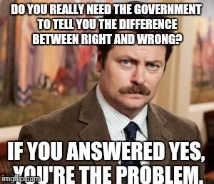 Ron Swanson | DO YOU REALLY NEED THE GOVERNMENT TO TELL YOU THE DIFFERENCE BETWEEN RIGHT AND WRONG? IF YOU ANSWERED YES, YOU'RE THE PROBLEM. | image tagged in memes,ron swanson | made w/ Imgflip meme maker