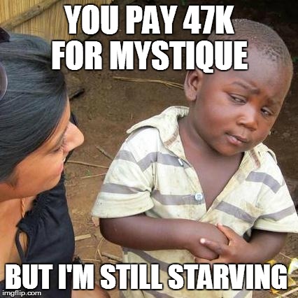 Third World Skeptical Kid | YOU PAY 47K FOR MYSTIQUE BUT I'M STILL STARVING | image tagged in memes,third world skeptical kid | made w/ Imgflip meme maker