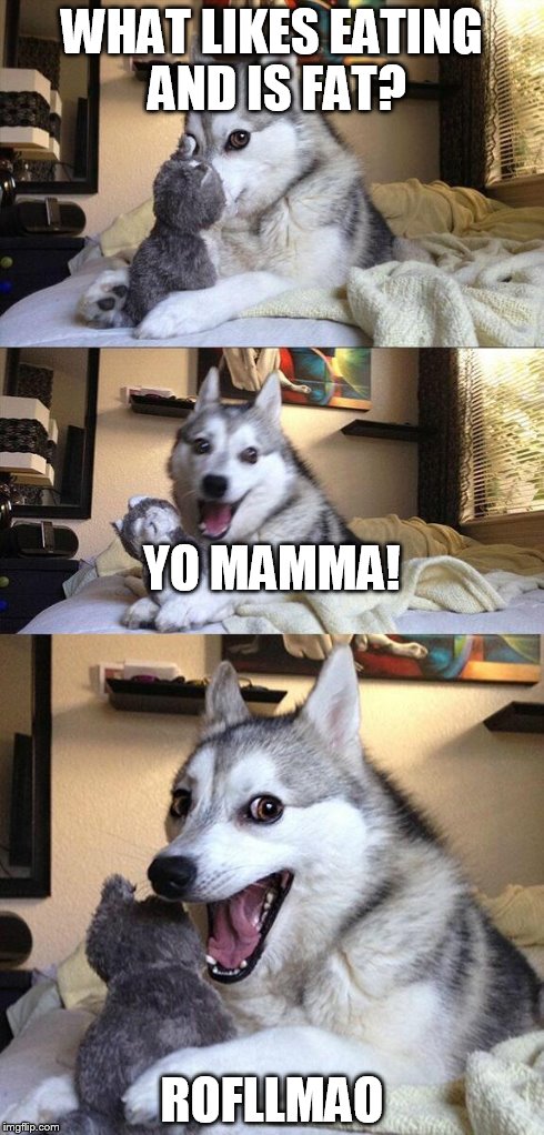 Bad Pun Dog | WHAT LIKES EATING AND IS FAT? ROFLLMAO YO MAMMA! | image tagged in memes,bad pun dog | made w/ Imgflip meme maker