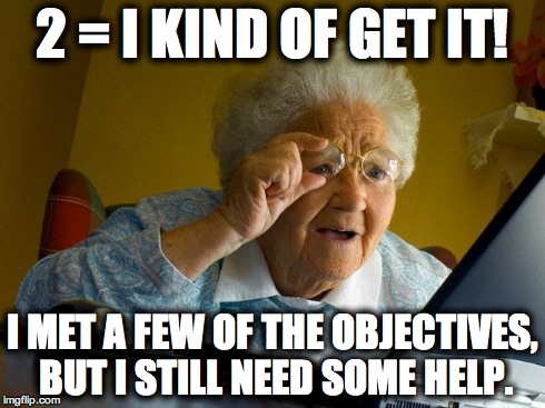 Marzano Scale - 2 | 2 = I KIND OF GET IT! I MET A FEW OF THE OBJECTIVES, BUT I STILL NEED SOME HELP. | image tagged in memes,grandma finds the internet,school | made w/ Imgflip meme maker